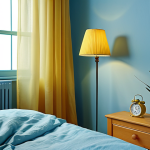 **Calming Bedroom Interior**: Soft blue walls, natural light filtering through sheer curtains, several small potted green plants on a bedside shelf, a dim yellow bedside lamp, and a neatly made bed with light blue linen.