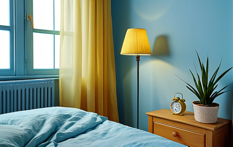 **Calming Bedroom Interior**: Soft blue walls, natural light filtering through sheer curtains, several small potted green plants on a bedside shelf, a dim yellow bedside lamp, and a neatly made bed with light blue linen.