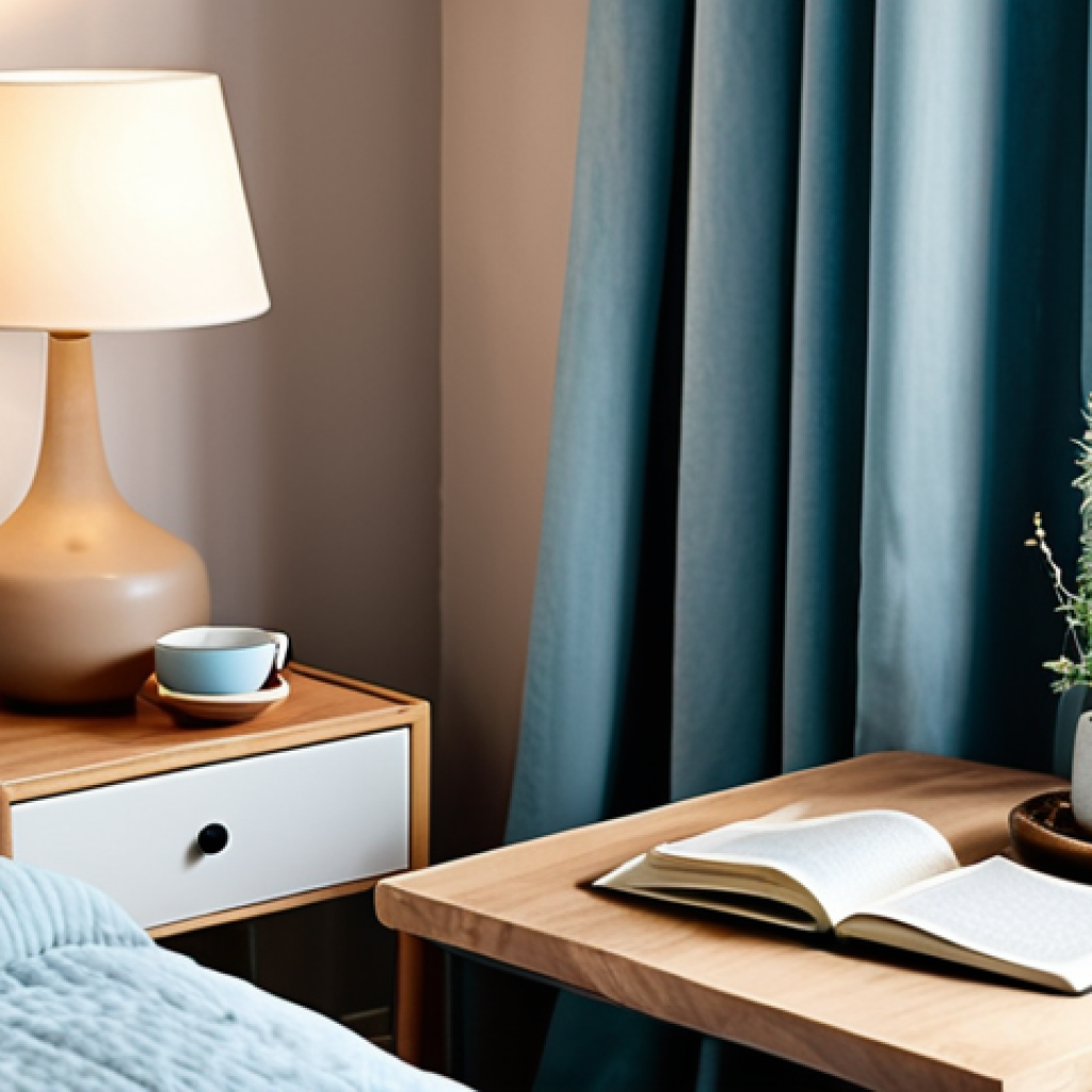 **

> Cozy bedroom interior with soft, warm lighting from a bedside lamp. The walls are painted a calming light blue. Thick curtains block out sunlight. A cup of herbal tea sits on the nightstand next to a journal and a diffuser emitting aromatherapy mist. The overall atmosphere is serene and inviting, promoting relaxation and sleep. Consider elements of minimalism or Scandinavian design to enhance the calming effect.

**