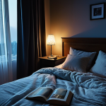 A serene bedroom at night. Soft, dim lighting from a bedside lamp illuminates a plush bed with thick, dark curtains blocking outside light. Earplugs are on the nightstand, beside a glass of water and a book. The overall feeling is calm and inviting.