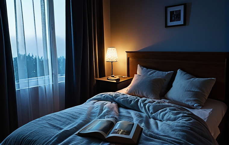 A serene bedroom at night. Soft, dim lighting from a bedside lamp illuminates a plush bed with thick, dark curtains blocking outside light. Earplugs are on the nightstand, beside a glass of water and a book. The overall feeling is calm and inviting.