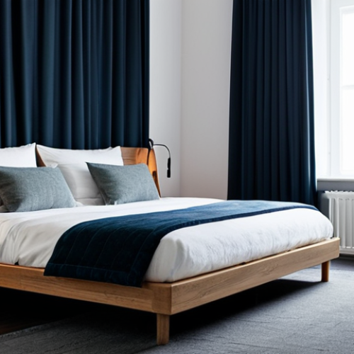 **Prompt:** A serene and impeccably tidy bedroom designed for optimal sleep, featuring thick, dark blackout curtains completely drawn, creating a deep, calming darkness. The room is maintained at a cool, comfortable temperature, showcasing a minimalist aesthetic. A neatly made bed with crisp, modest bedding is centered, surrounded by clean, uncluttered surfaces. A subtle aromatherapy diffuser emits a gentle, soothing mist, contributing to a tranquil and inviting atmosphere. professional photography, high resolution, soft ambient lighting, tranquil atmosphere, safe for work, appropriate content, family-friendly, modest design.