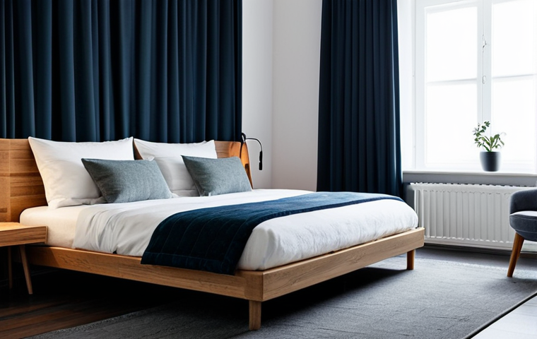 **Prompt:** A serene and impeccably tidy bedroom designed for optimal sleep, featuring thick, dark blackout curtains completely drawn, creating a deep, calming darkness. The room is maintained at a cool, comfortable temperature, showcasing a minimalist aesthetic. A neatly made bed with crisp, modest bedding is centered, surrounded by clean, uncluttered surfaces. A subtle aromatherapy diffuser emits a gentle, soothing mist, contributing to a tranquil and inviting atmosphere. professional photography, high resolution, soft ambient lighting, tranquil atmosphere, safe for work, appropriate content, family-friendly, modest design.