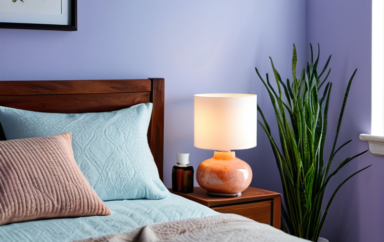 Tranquil Bedroom Scene**
"A beautifully designed bedroom, featuring soft blue walls, dim lighting from a Himalayan salt lamp, and a comfortable bed with cotton sheets. Lavender essential oil diffuser on the nightstand. Green plants subtly placed. Safe for work, appropriate content, fully clothed, professional, modest, perfect anatomy, natural proportions, high quality, family-friendly."
**