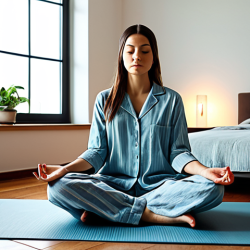 Home 4 수면 환경을 위한 명상법 - Peaceful Bedroom Meditation**
"A woman in modest pajamas sits cross-legged on a yoga mat in a softl...