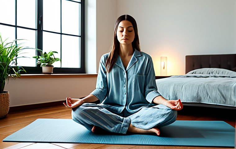 수면 환경을 위한 명상법 - Peaceful Bedroom Meditation**
"A woman in modest pajamas sits cross-legged on a yoga mat in a softl...