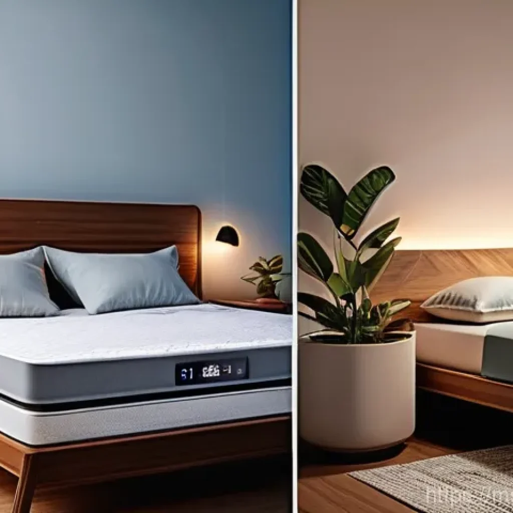 편안한 수면을 위한 온도 조절 기기 - **Prompt:** A modern Malaysian bedroom at night. On the left, a frustrated adult (gender neutral, we...