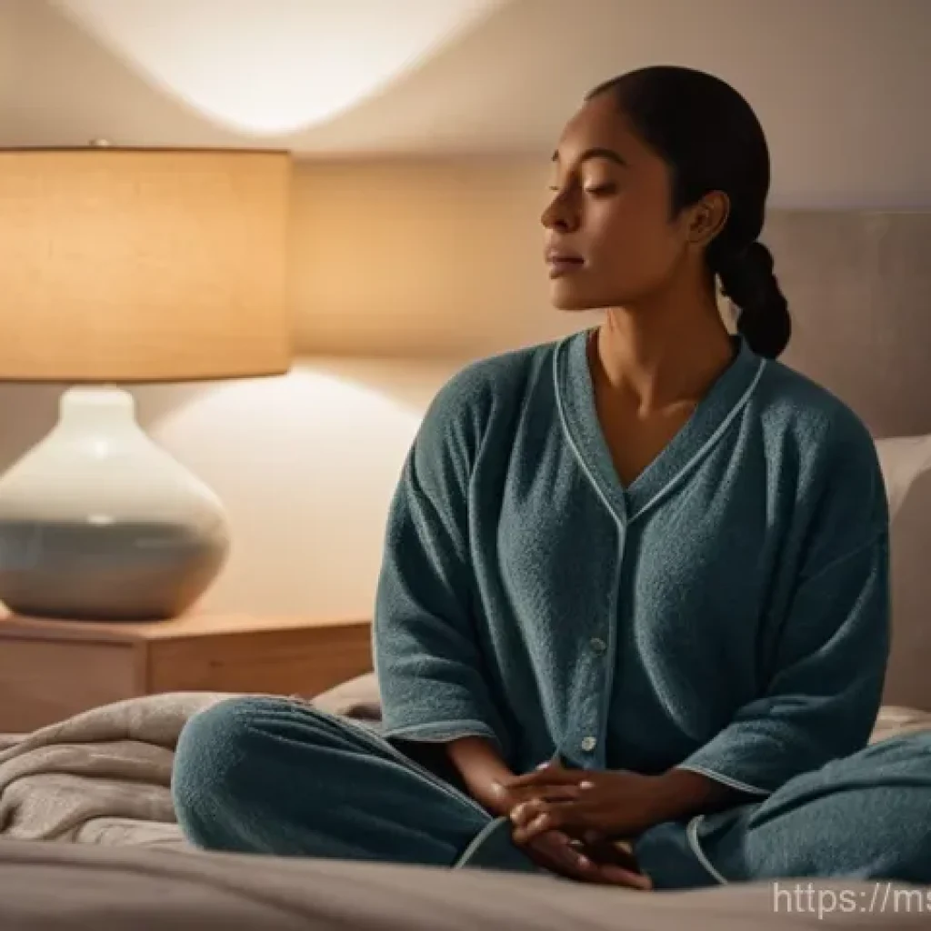 자기 전 스트레칭으로 수면 개선하기 - **A Serene Evening Stretch:**
A woman in her late 20s to early 30s, with a peaceful expression, ...