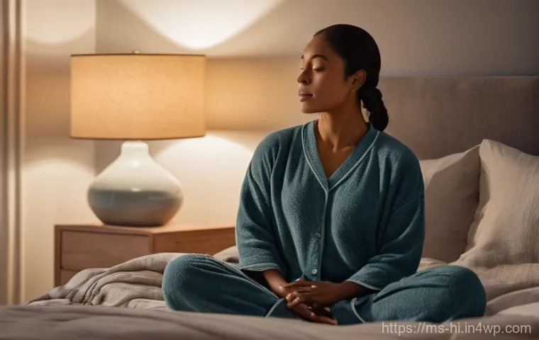 자기 전 스트레칭으로 수면 개선하기 - **A Serene Evening Stretch:**
A woman in her late 20s to early 30s, with a peaceful expression, ...