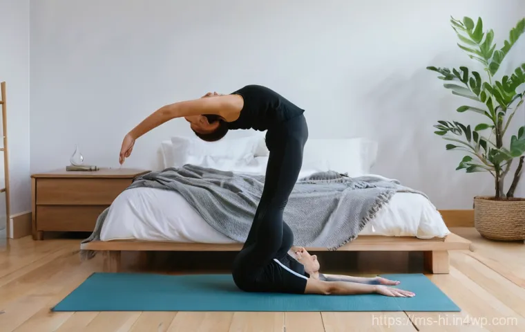 자기 전 스트레칭으로 수면 개선하기 - **Post-Stretch Relaxation:**
A man in his 40s, wearing simple and comfortable sleepwear, is lyin... 자기 전 스트레칭으로 수면 개선하기 - **Post-Stretch Relaxation:**
A man in his 40s, wearing simple and comfortable sleepwear, is lyin...