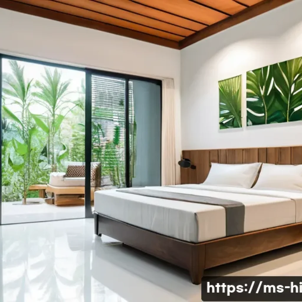 침대 매트리스 관리 및 청소 방법 - A cozy, modern Malaysian bedroom featuring a neatly made latex mattress with a high-quality waterpro...