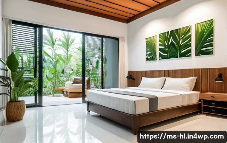 침대 매트리스 관리 및 청소 방법 - A cozy, modern Malaysian bedroom featuring a neatly made latex mattress with a high-quality waterpro...