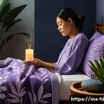 수면의 질을 향상시키는 자연요법 - A cozy Malaysian bedroom scene at night featuring a person gently placing a few drops of lavender es...