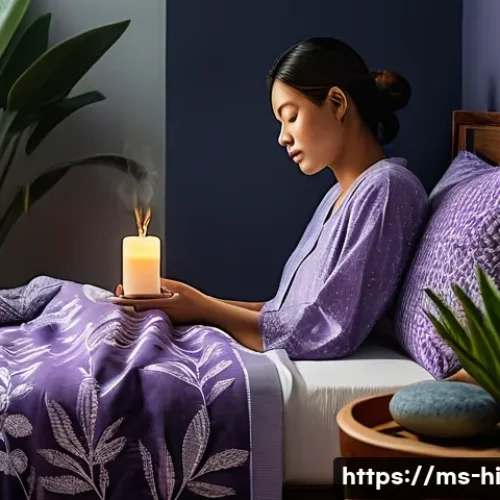 수면의 질을 향상시키는 자연요법 - A cozy Malaysian bedroom scene at night featuring a person gently placing a few drops of lavender es...