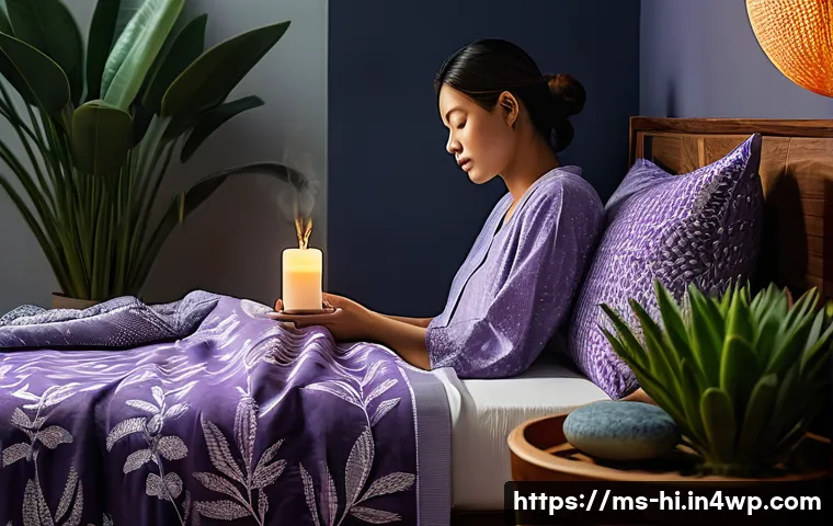수면의 질을 향상시키는 자연요법 - A cozy Malaysian bedroom scene at night featuring a person gently placing a few drops of lavender es...