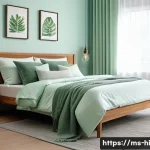 숙면을 위한 방의 색상 조합 - A serene bedroom interior featuring soft mint green walls that evoke a fresh natural ambiance. The r...