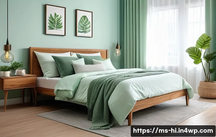 숙면을 위한 방의 색상 조합 - A serene bedroom interior featuring soft mint green walls that evoke a fresh natural ambiance. The r...