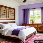 침대 위의 청결 유지 방법 - A bright and airy Malaysian bedroom featuring a neatly made bed with a raised mattress for ventilati...