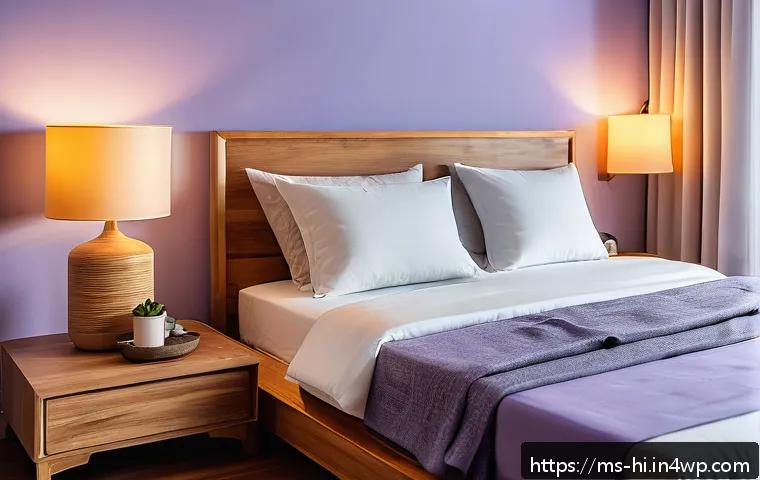 자연적인 수면 유도법 - A cozy Malay bedroom interior featuring a neatly made bed with a soft, medium-firm mattress and ergo...